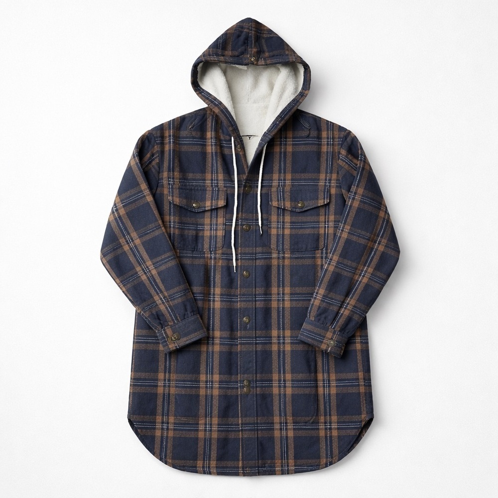 Helix Shacket Navy and Tan Plaid Hooded Jacket